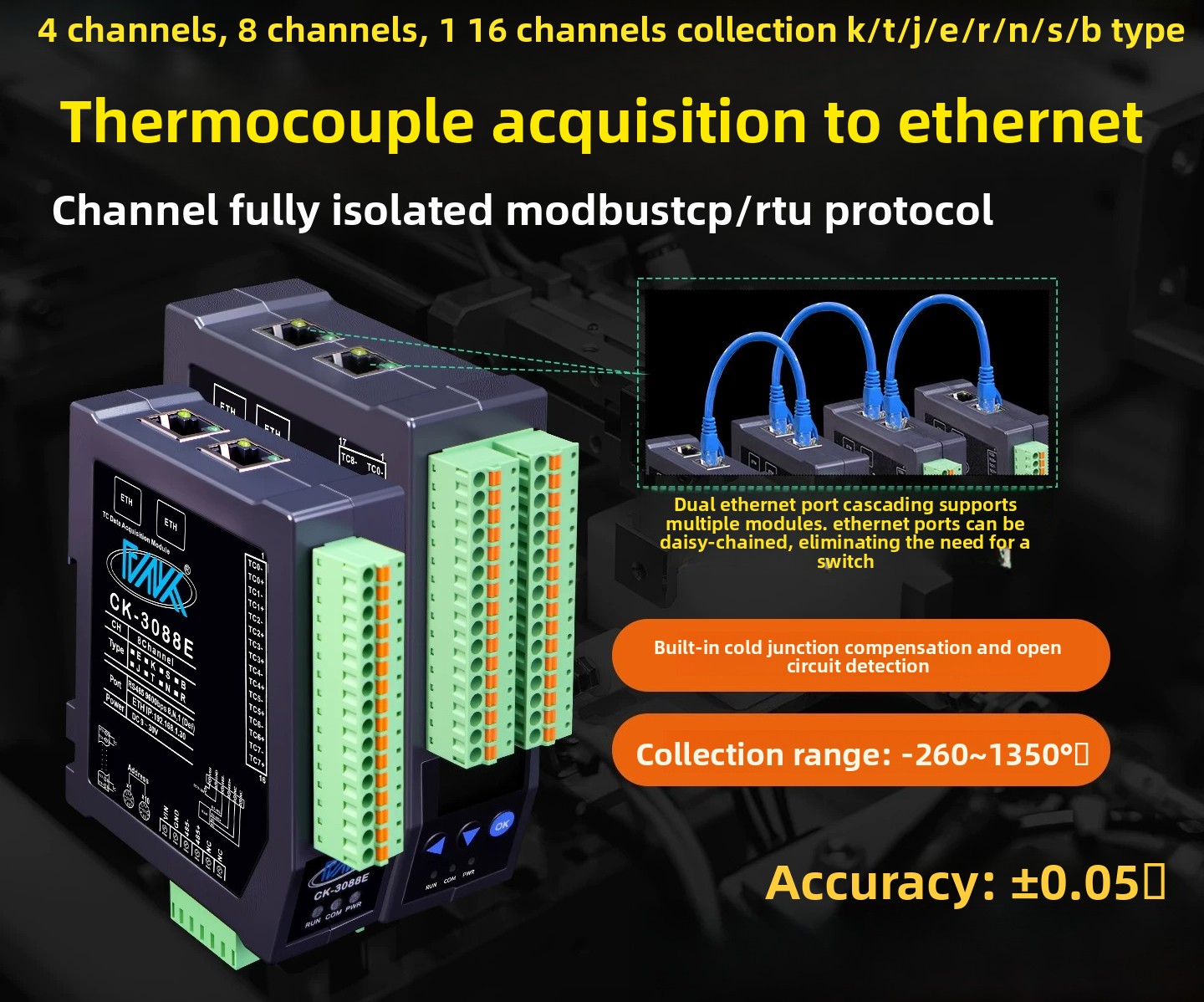 Thermocouple Module K Type - ใช้กับโมดูลวัดอุณหภูมิเทอร์โมคัปเปิลชนิด K แบบแยกส่วน 8CH พร้อมอีเธอร์เน็ต โมดบัส